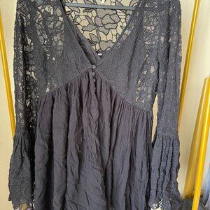 Free People M Black Lace Boho Slip Dress Romantic & Flowy